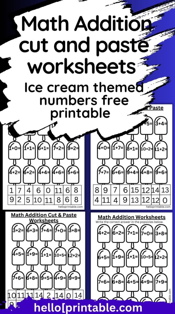 ice cream themed math addition worksheets for kids - cut and paste activity worksheets free printable 