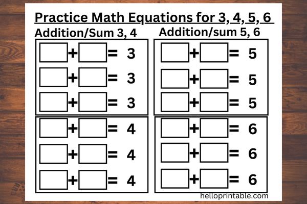 Balancing math equation worksheets for kindergarten and grade 1 - add numbers to make number 3, 4, 5 and 6