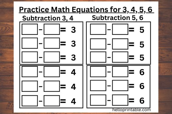 Balancing math equation worksheets for kindergarten and grade 1 - Subtract numbers to make number 3, 4, 5 and 6