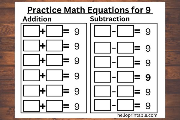 Balancing math equation worksheets for kindergarten and grade 1 - add and subtract numbers to make number 9 practice worksheet
