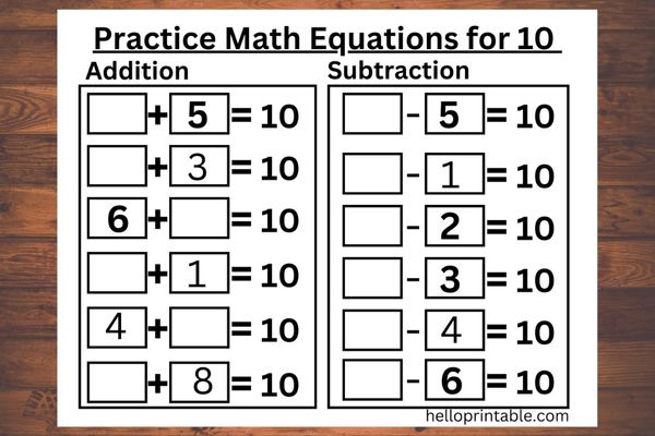 Balancing math equation worksheets for kindergarten and grade 1 - add and subtract numbers to make number 10 practice worksheet