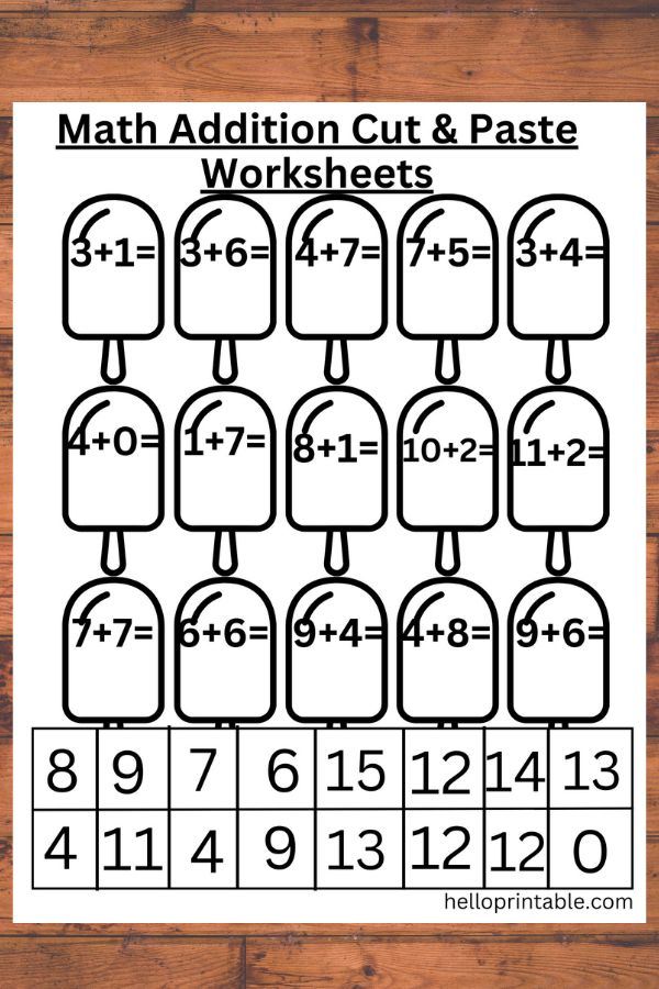 ice cream themed math addition cut and paste worksheet for kindergarten kids - free printable 