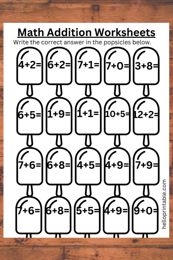 ice cream themed math addition worksheet for kindergarten kids - free printable 