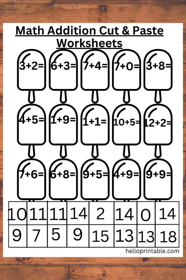 ice cream themed math addition cut and paste worksheet for kindergarten kids - free printable 