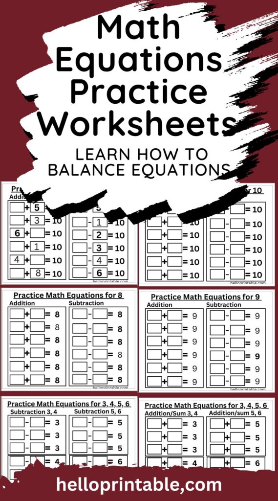 Math equations practice worksheets - balancing equations free printable for kids 