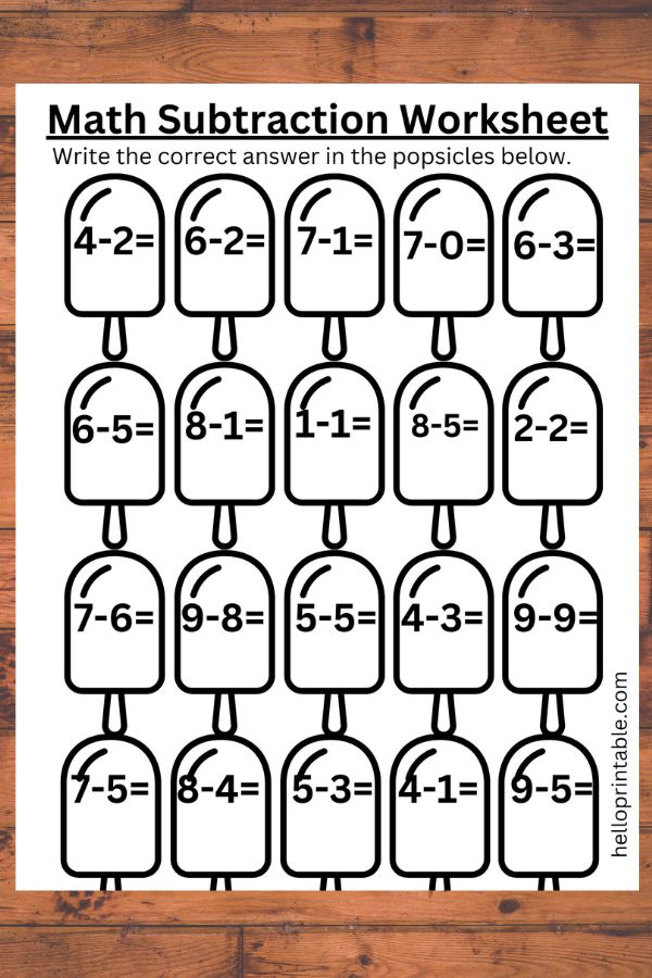 ice cream themed math subtraction worksheet for kindergarten kids - free printable 