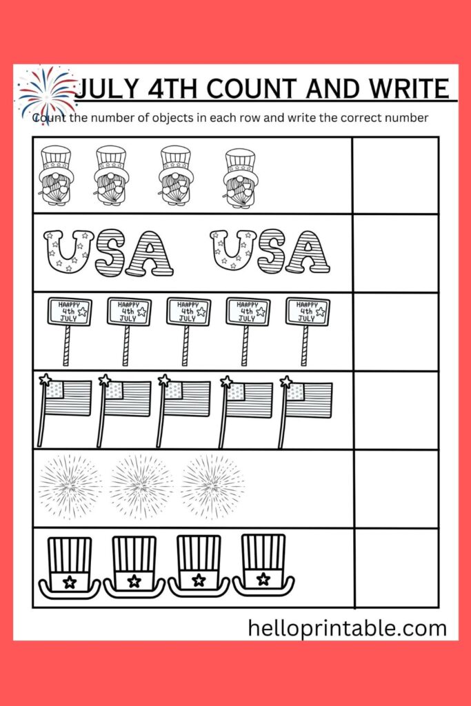 July 4th themed count and write for preschool and kindergarten kids printable activity 