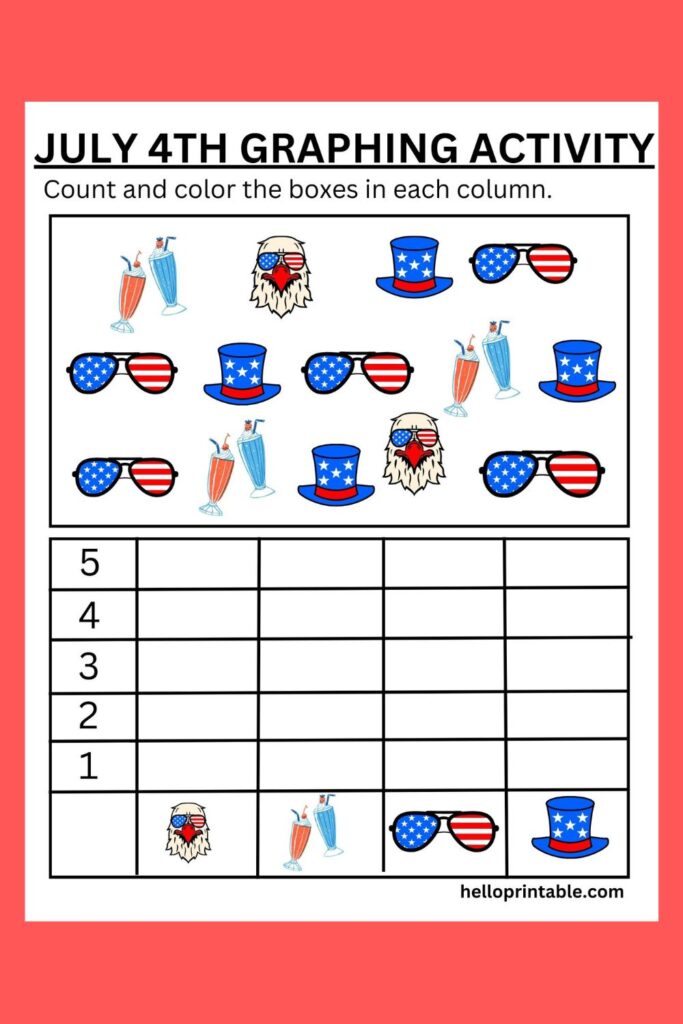 July 4th themed count and graph for preschool and kindergarten kids printable activity game 