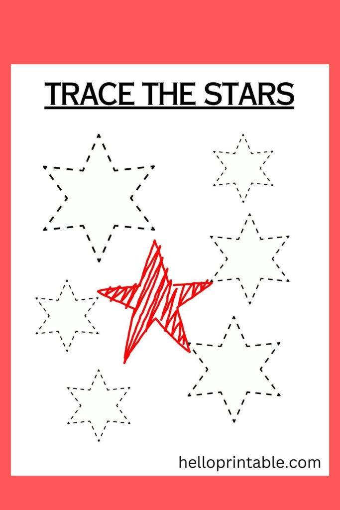 July 4th themed trace the stars for preschool and kindergarten kids printable activity 