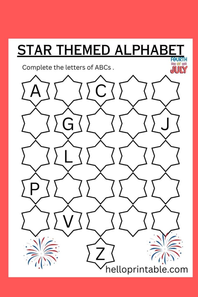 July 4th themed write missing letters of ABCs for preschool and kindergarten kids printable activity 