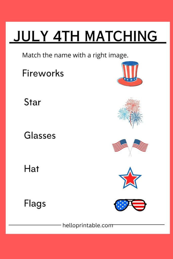 July 4th themed matching for preschool and kindergarten kids printable activity 