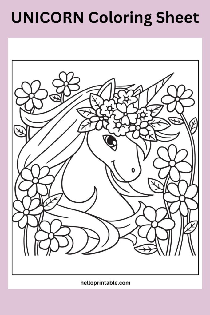 Unicorn wearing beautiful flowers coloring page