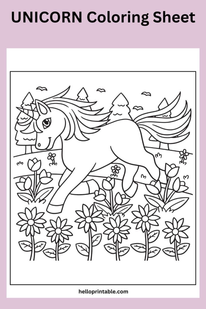 Unicorn in a garden free printable  coloring sheet 