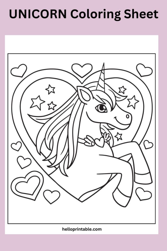 Unicorn coming out of heart coloring page