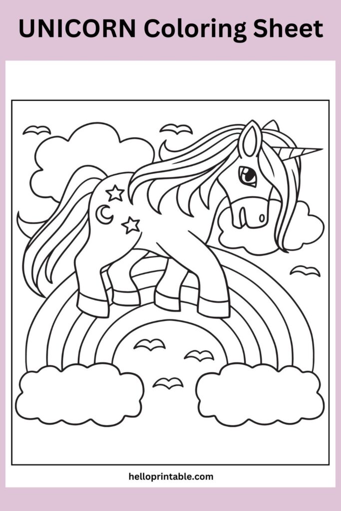 Unicorn in a rainbow cloud coloring page 

