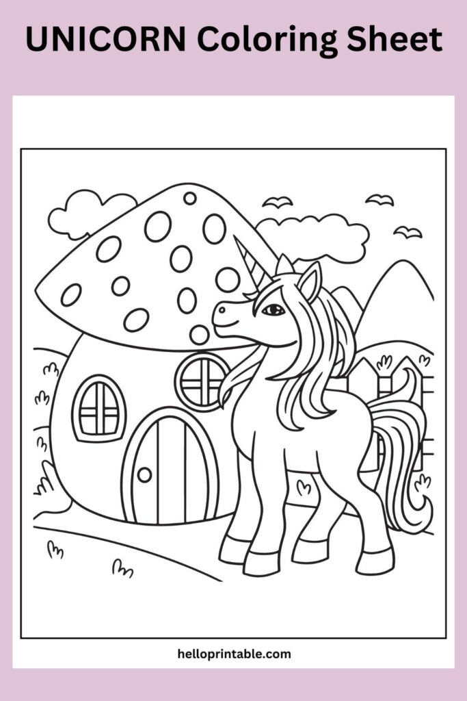 Unicorn with mushroom hut coloring page 