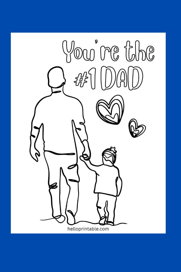 Dad holding hand of his child colorig page for Father's day. 