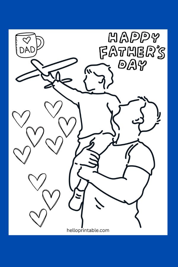 Dad holding son while he is playing with a toy airplane - Fathe's day coloring sheet 