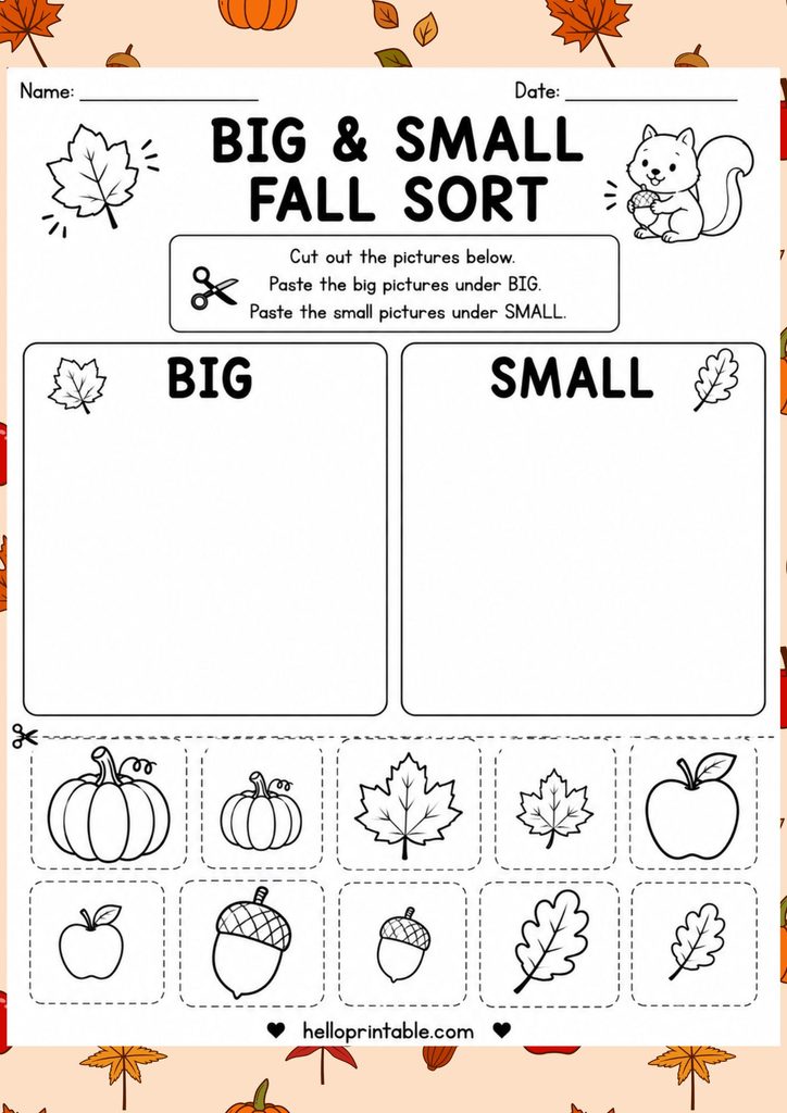 big and small fall sorting cut and paste worksheet