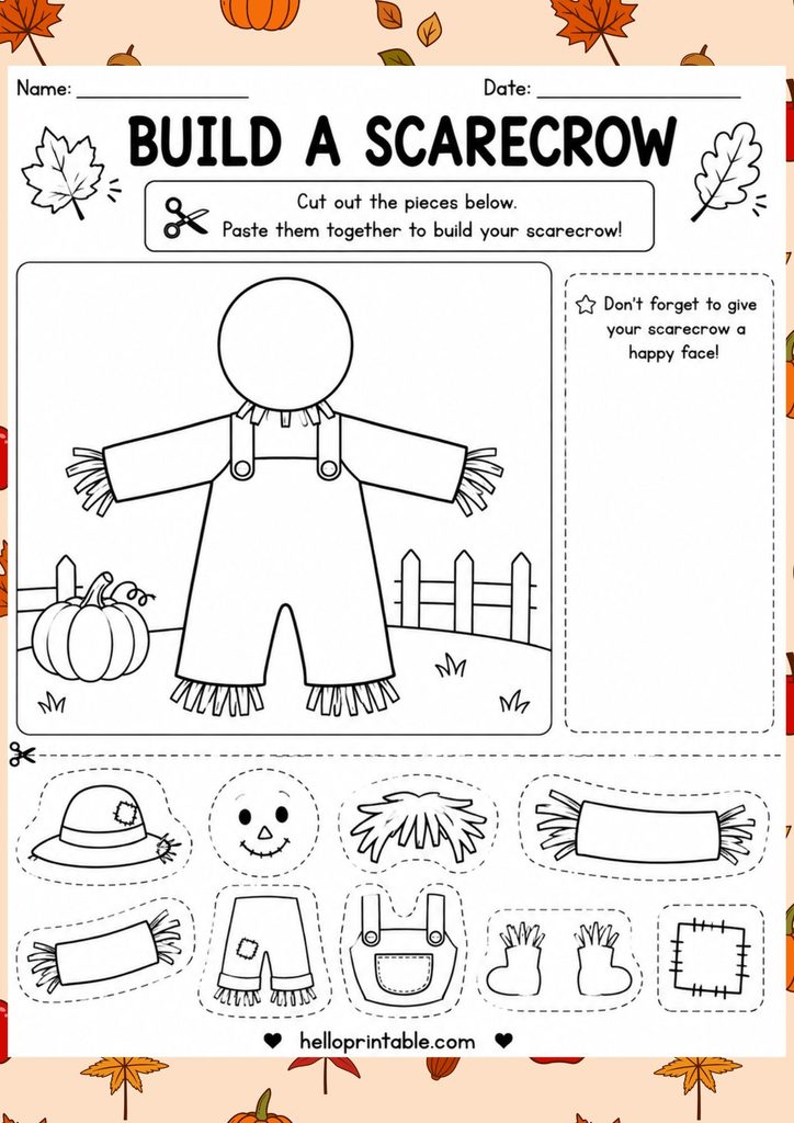 build a scarecrow cut and paste fall themed worksheet