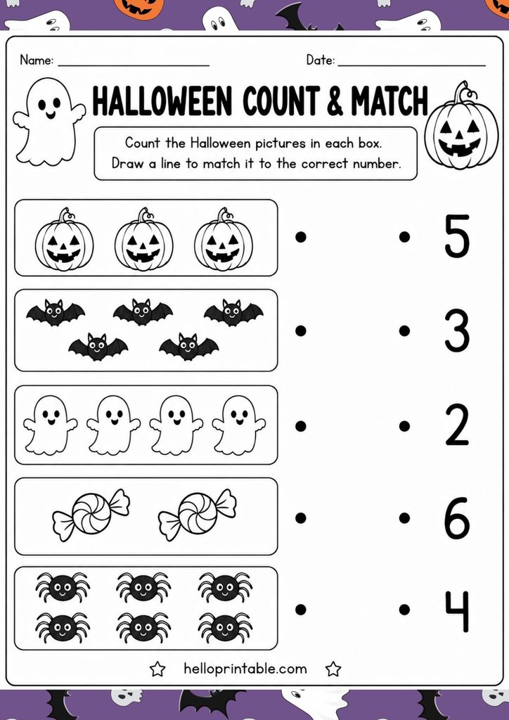 Free printable Halloween count and match worksheet for preschool and Kindergarten with pumpkins, bats, ghosts, candy and spiders