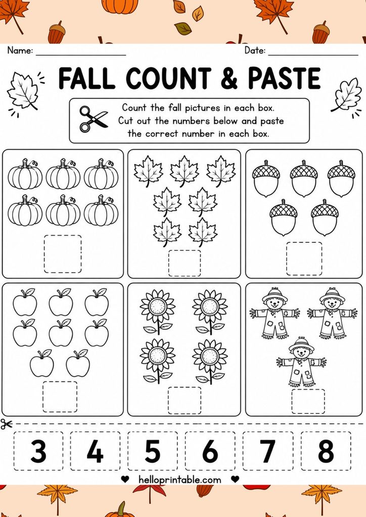 fall themed count and paste worksheet