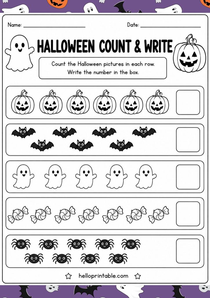 Free printable Halloween count and write worksheet for Kindergarten with fun Halloween picture counting practice