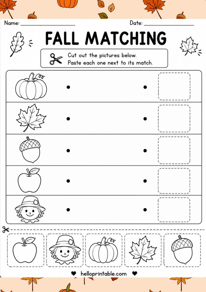 fall matching cut and paste free printable worksheet