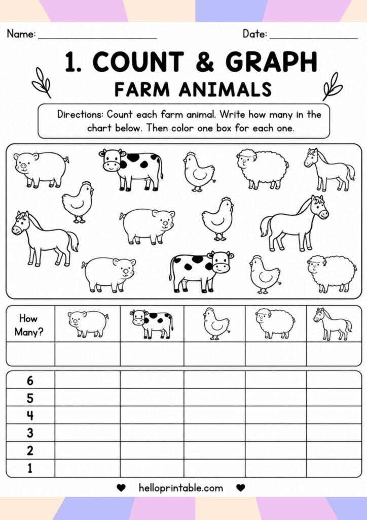 Free printable count and graph farm animals worksheet for Kindergarten and early learners