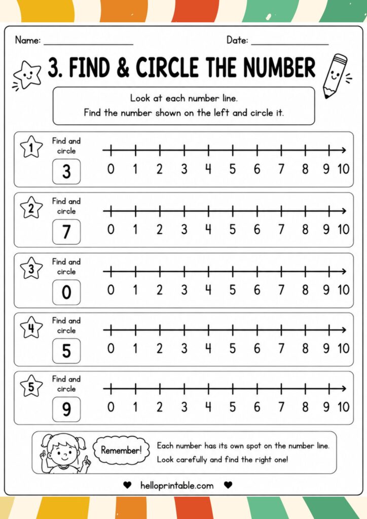 Free printable number line worksheet for kids to find and circle numbers from 0 to 10