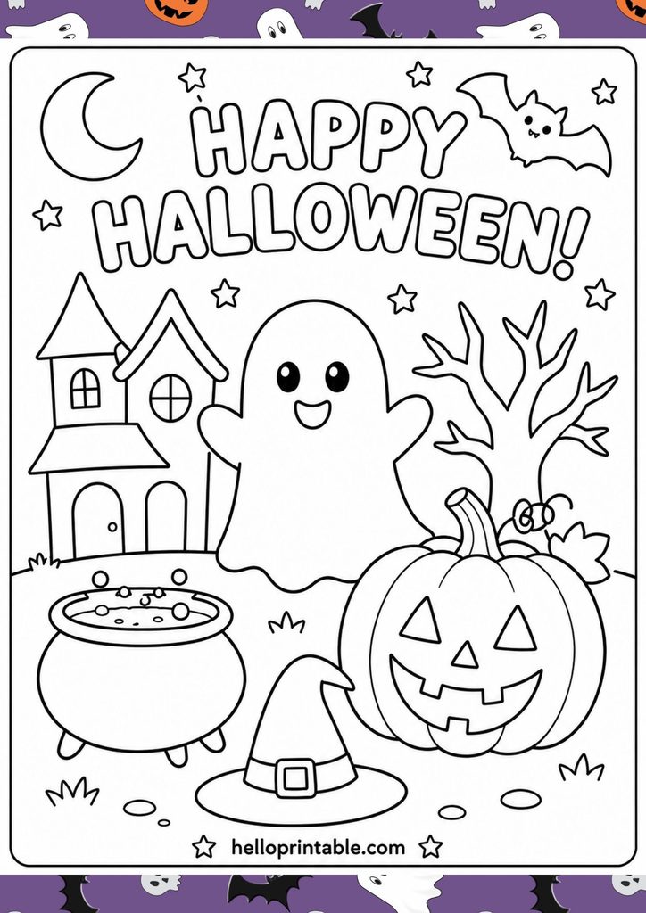 Free printable Halloween coloring page for toddlers with a friendly ghost, pumpkin, witch hat, cauldron and haunted house