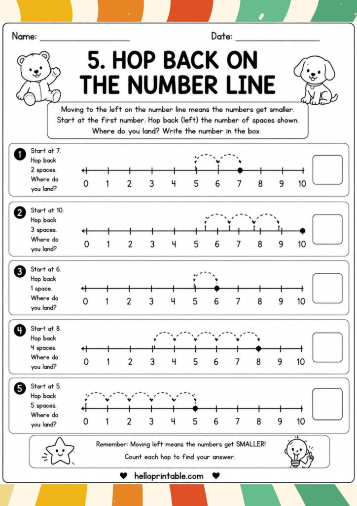 Free printable number line subtraction worksheet for beginners with backward hopping and counting practice