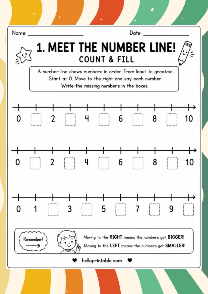 Free printable number line worksheet for beginners with 0 to 10 counting and missing number practice