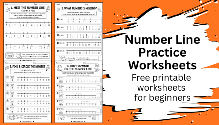 Free printable number line worksheets for Kindergarten, 1st and 2nd Grade with beginner counting, missing numbers, addition and subtraction activities