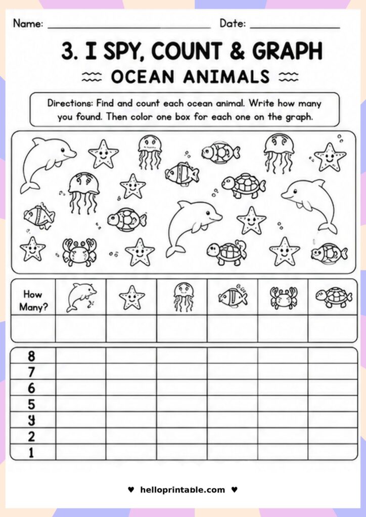 Free printable I Spy count and graph ocean animals worksheet for Kindergarten kids