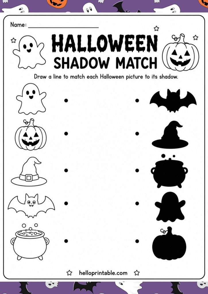 Free printable Halloween shadow matching worksheet for preschool and Kindergarten with ghost, pumpkin, witch hat, bat and cauldron