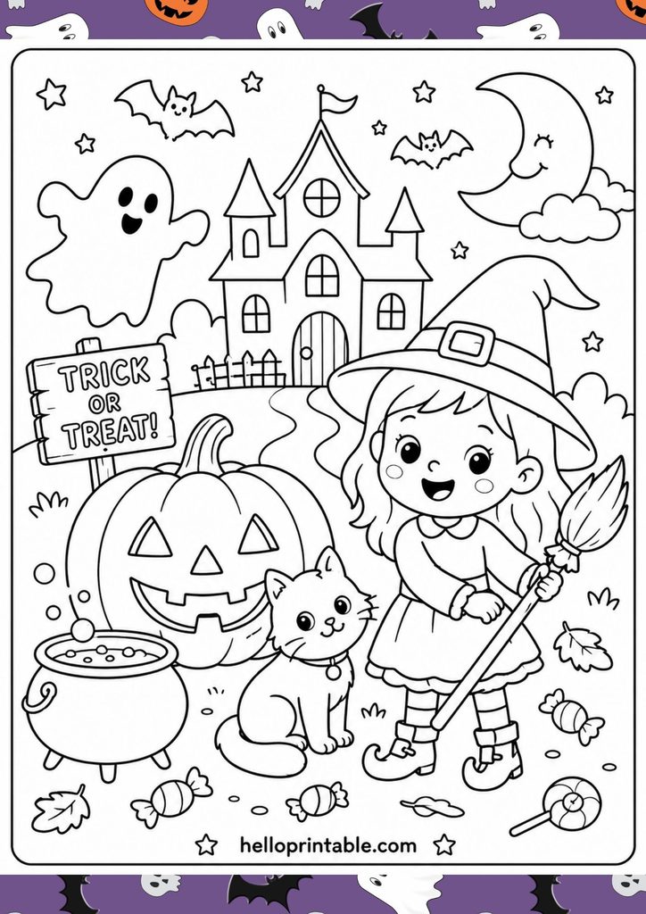 Free printable Halloween coloring page for kids with a cute witch, pumpkin, ghost, black cat, candy and haunted house