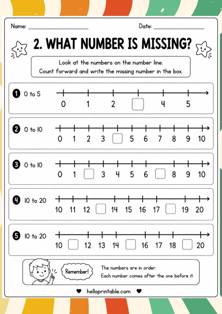 Free printable missing number line worksheet for Kindergarten, 1st and 2nd Grade with numbers 0 to 20