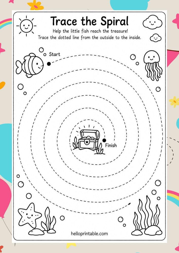 Free printable spirals and circles tracing worksheet for preschool pencil control