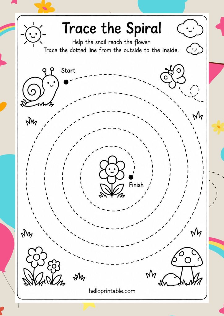 Free printable spiral tracing worksheet for pencil control