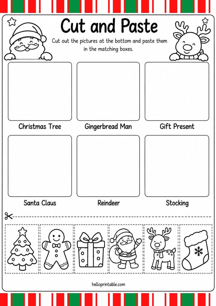 Christmas cut and paste worksheet for preschoolers