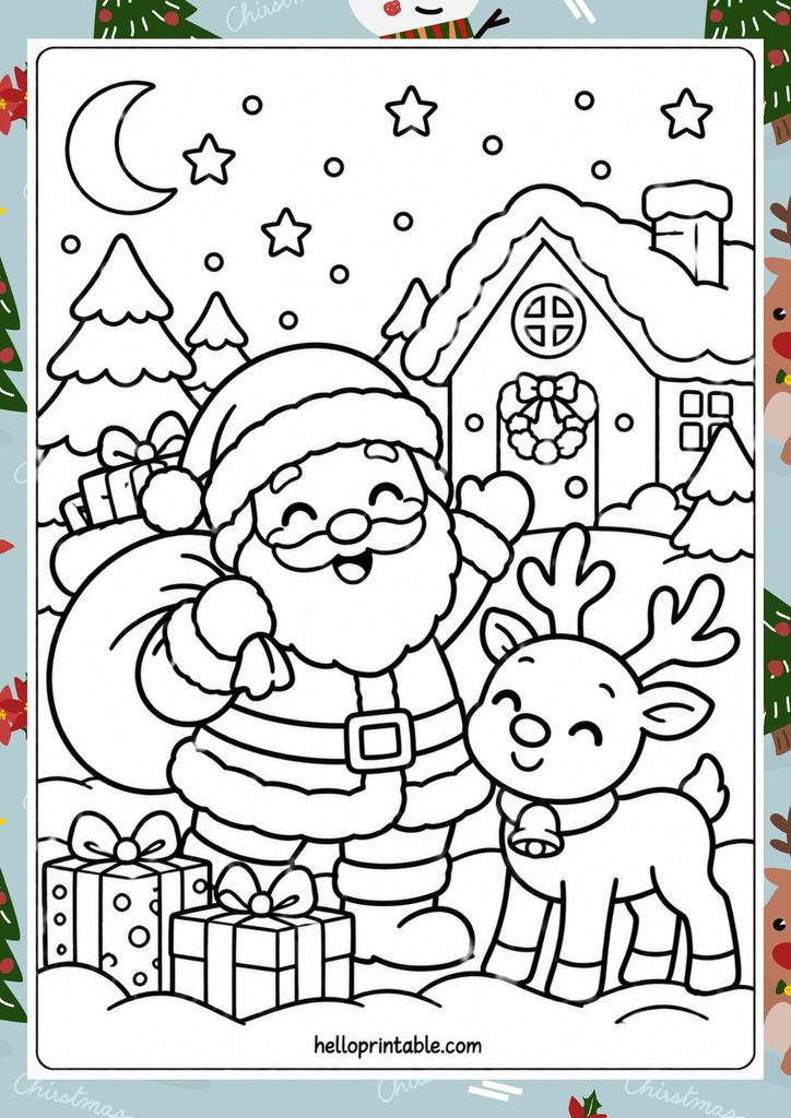 santa claus and reindeer coloring page
