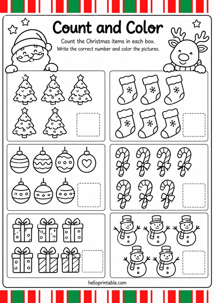 Christmas counting worksheet for preschoolers