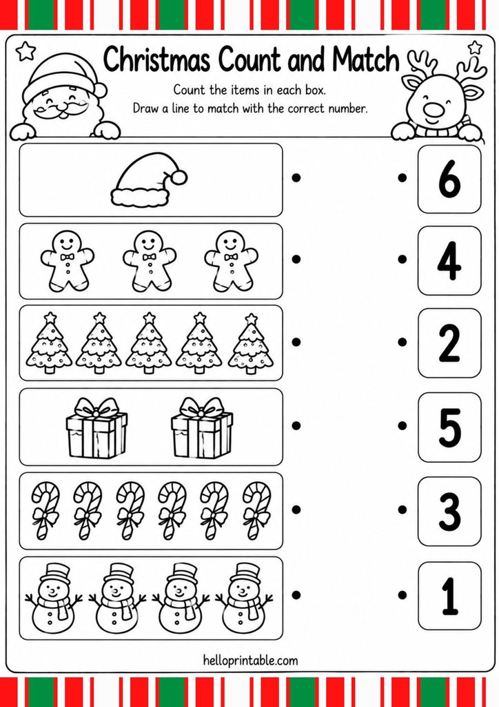Christmas count and match worklsheet for kids