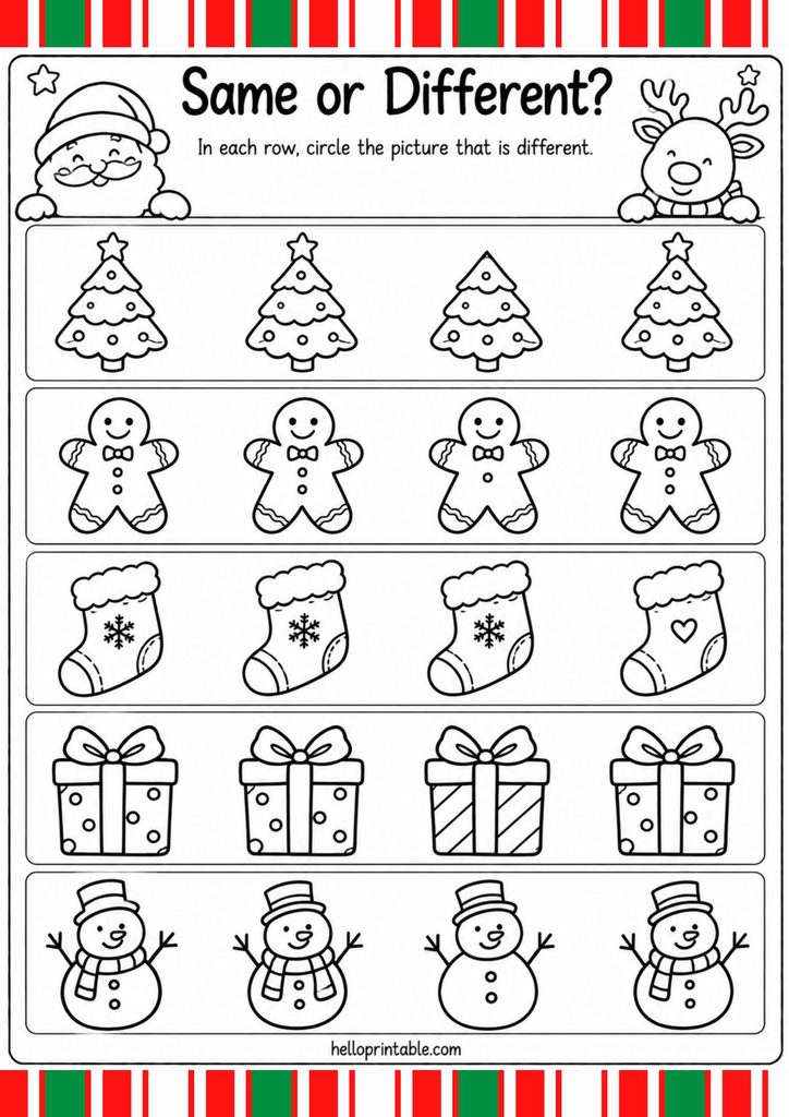 Christmas same or different worksheet for preschoolers