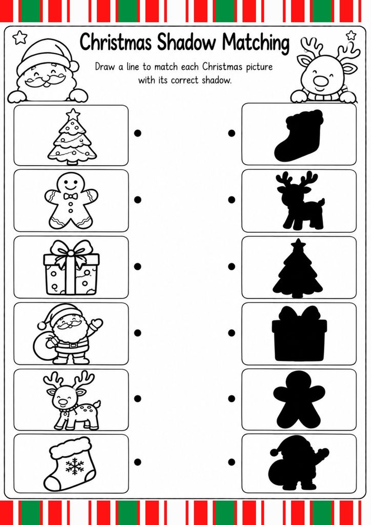 Christmas shadow matching worksheet for preschoolers