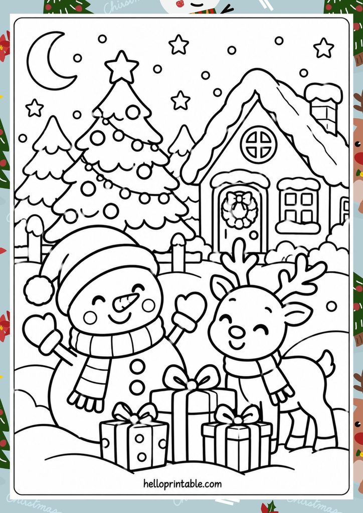 Snowman and reinderr coloring page 